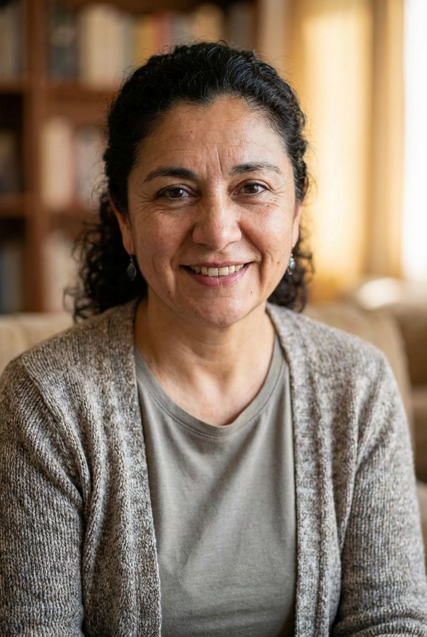 A social worker wearing a 'TRABAJADORA SOCIAL' name tag smiling at an older client.