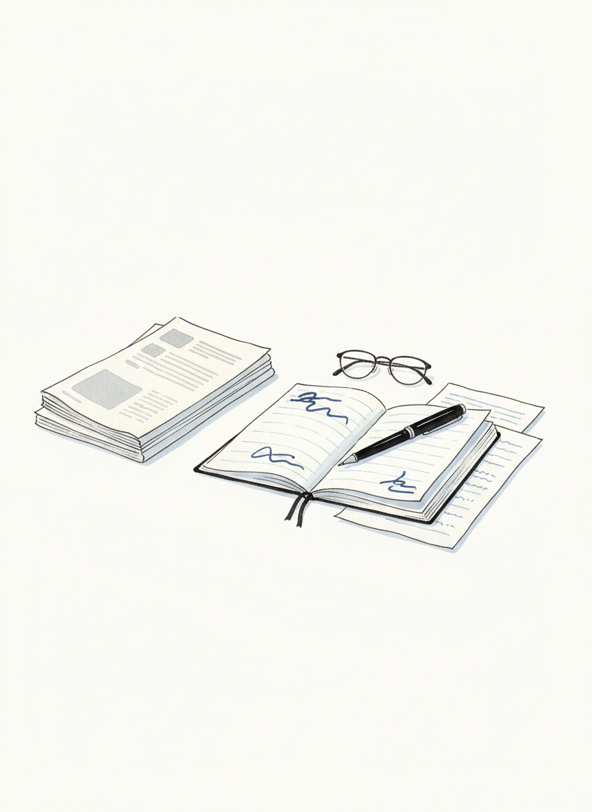 Minimalist watercolor illustration with few muted colors, showing printed articles, notebooks, and a pen on a clean desk, suggesting organized research, writing, and critical reflection in humanities and social sciences. Calm, sober, lots of negative space.