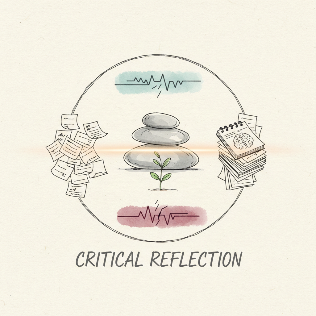 Minimalist symbolic illustration in line drawing and soft watercolor washes, showing balanced stones, a small plant, scattered notes, and a thin dividing line of light, representing tension and dialogue between wellbeing and discomfort, order and chaos, in critical reflection.